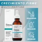 Suero Multipeptide Ordinary para densidad del cabello, frasco con aplicador y texto sobre beneficios.