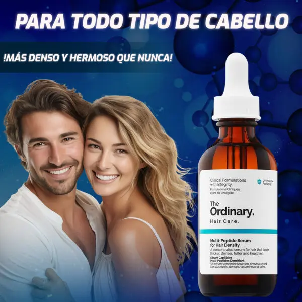 The Ordinary Suero Multi-Peptide para Densidad del Cabello con pareja sonriente.