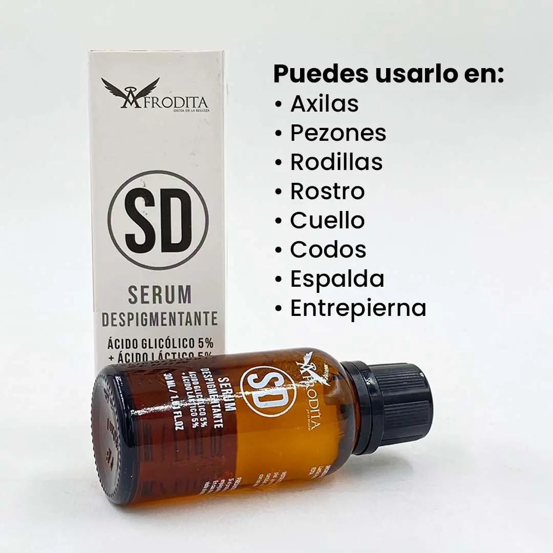 Serum Despigmentante SD Afrodita para axilas, pezones, rostro, cuello, codos, espalda y entrepierna.