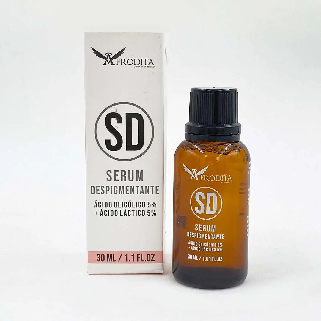 SD Afrodita Serum Despigmentante en frasco de vidrio ámbar con caja.