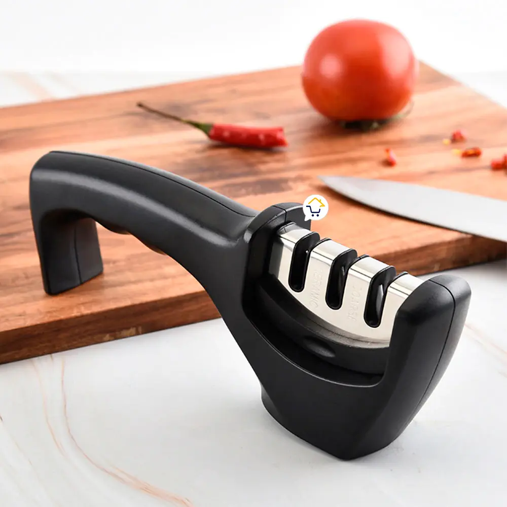 Afilador de cuchillos de acero inoxidable con mango antideslizante en 3 etapas: ideal para cocina.