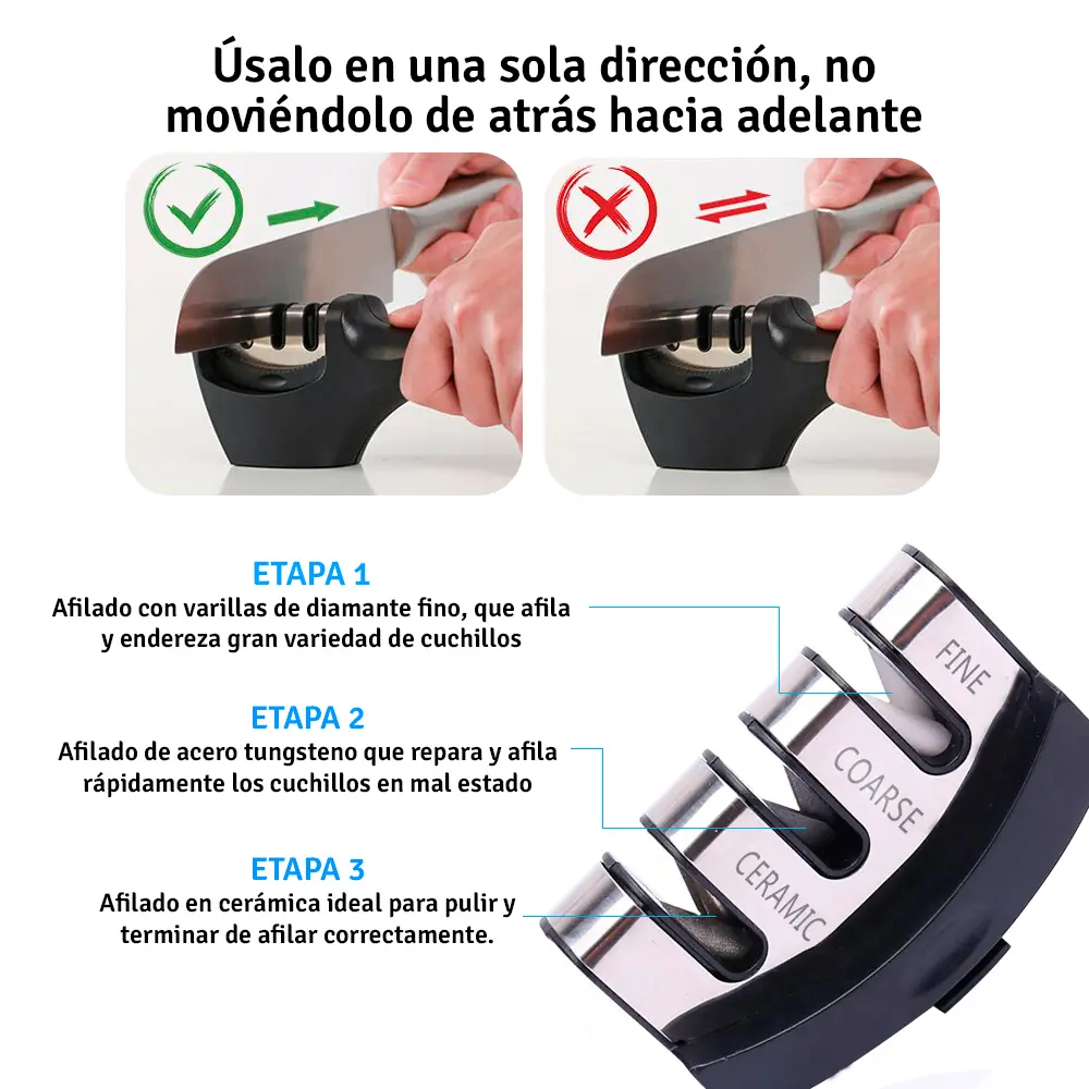 Afilador de cuchillos de 3 etapas en acero inoxidable con mango antideslizante, ideal para pulir y restaurar bordes.