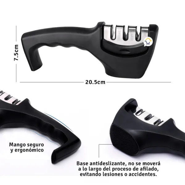 Afilador de cuchillos de acero inoxidable con mango antideslizante de 3 etapas.