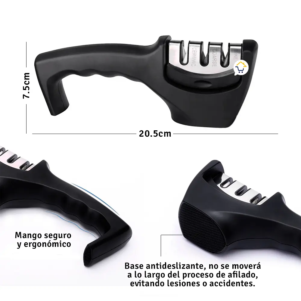 Afilador de cuchillos de acero inoxidable con mango antideslizante de 3 etapas.