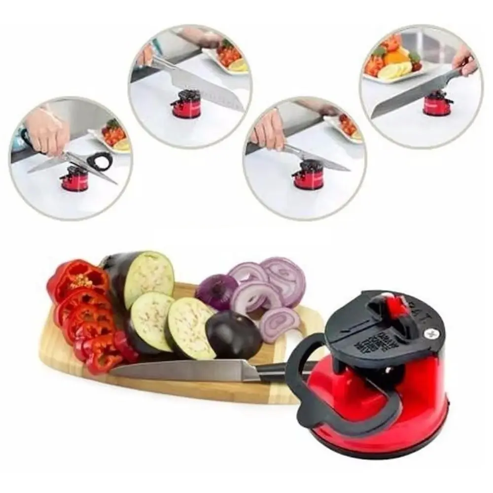 Afilador de cuchillos rojo con base de succión, junto a verduras cortadas y cuchillos.