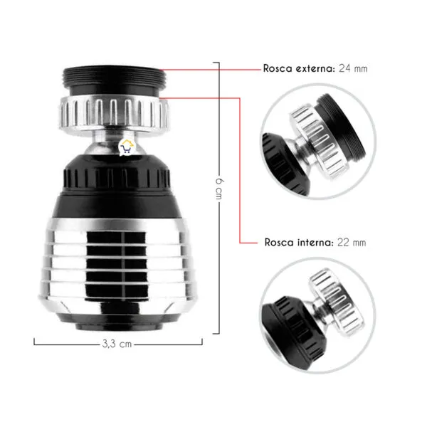 Set x2 Ahorrador de Agua para Grifo Regulador: Rosca externa 24mm, interna 22mm, alto 6cm, ancho 3.3cm.