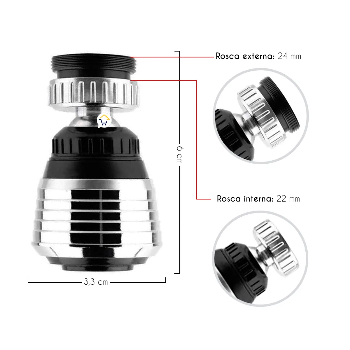 Set x2 Ahorrador de Agua para Grifo Regulador: Rosca externa 24mm, interna 22mm, alto 6cm, ancho 3.3cm.