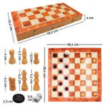 Tablero de ajedrez y damas de madera 3 en 1 con piezas y dados, medidas 38.4 cm.