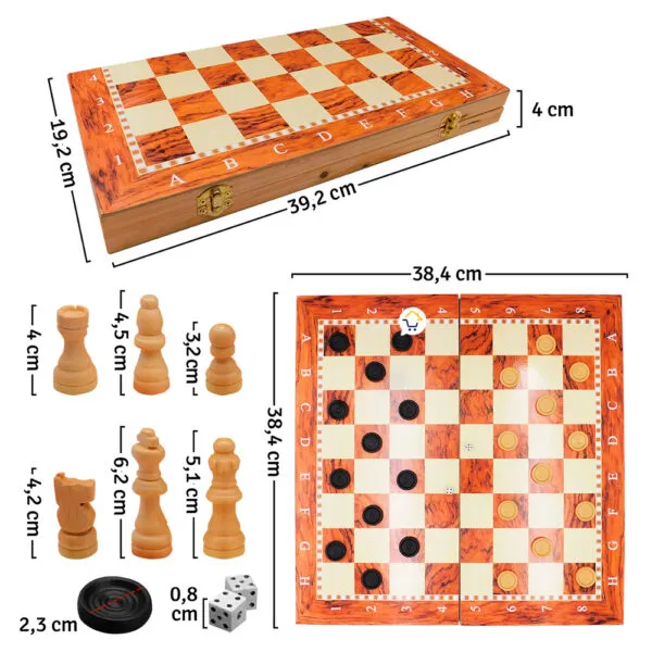 Tablero de ajedrez y damas de madera 3 en 1 con piezas y dados, medidas 38.4 cm.