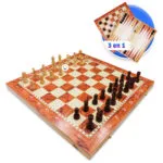 Ajedrez 3 en 1 de madera con piezas blancas y negras, damas y backgammon, ideal para familias.