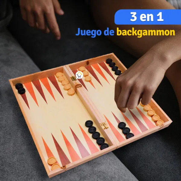 Juego de mesa familiar 3 en 1: ajedrez, damas y backgammon con fichas de madera.