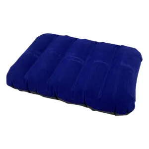 Almohada inflable portátil de color azul para viajes y uso múltiple, con diseño acanalado.