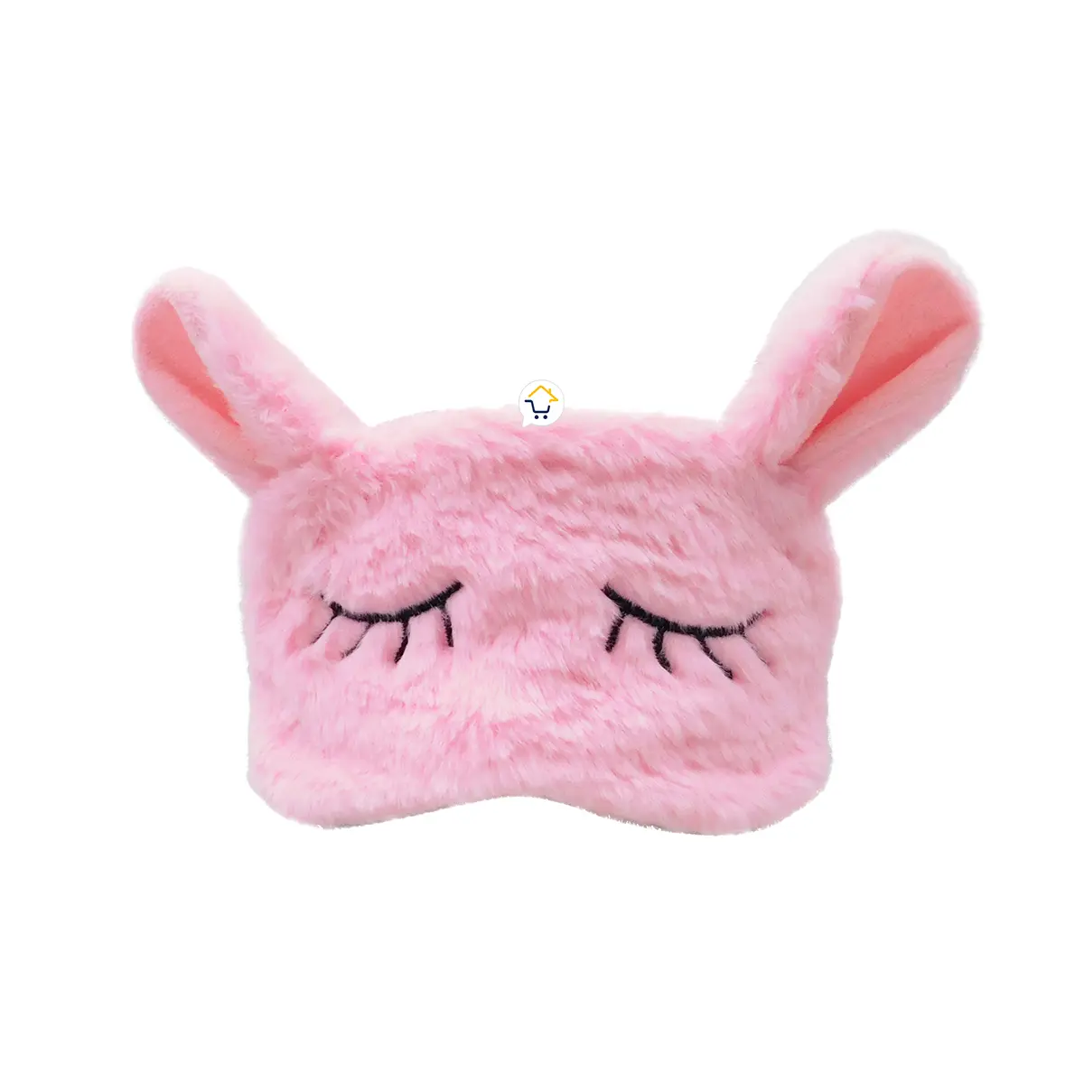 Antifaz para dormir de conejo rosa peludo con ojos cerrados y orejas de peluche, ideal para niñas y mujeres.