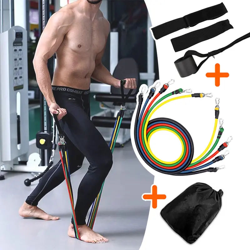 Hombre usando bandas tubulares de resistencia con 5 niveles, accesorios de gimnasio.