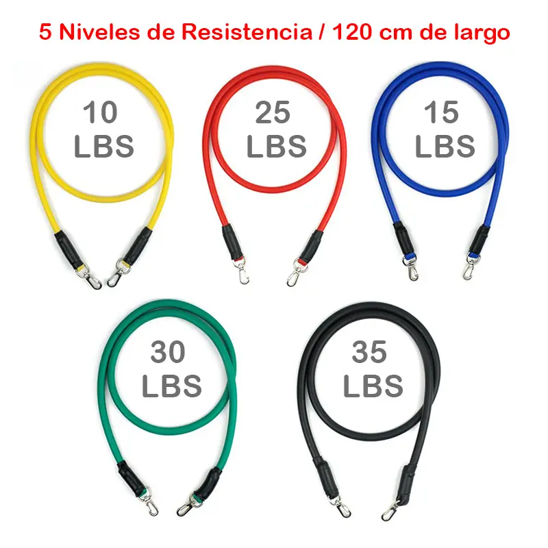 Bandas tubulares de 5 niveles de resistencia con agarres, 10, 15, 25, 30 y 35 lbs.