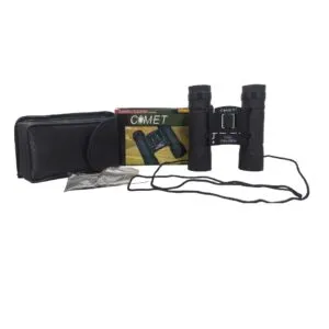 Binoculares 10x25 Comet largo alcance con estuche y correa para transporte.