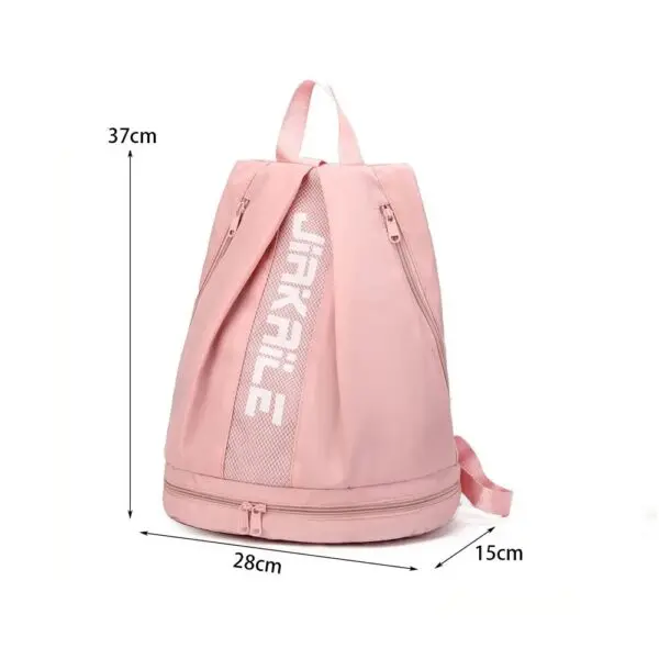Mochila versátil rosa con compartimento para zapatos, 37x28x15 cm.