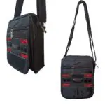 Bolso carriel manos libres bandolera negro con detalles rojos, correa ajustable.