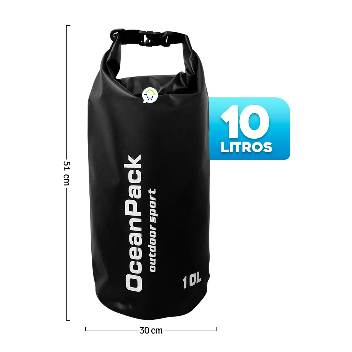 Bolso impermeable Ocean Pack de 10L, ideal para deportes y pesca, con medidas de 51x30 cm.