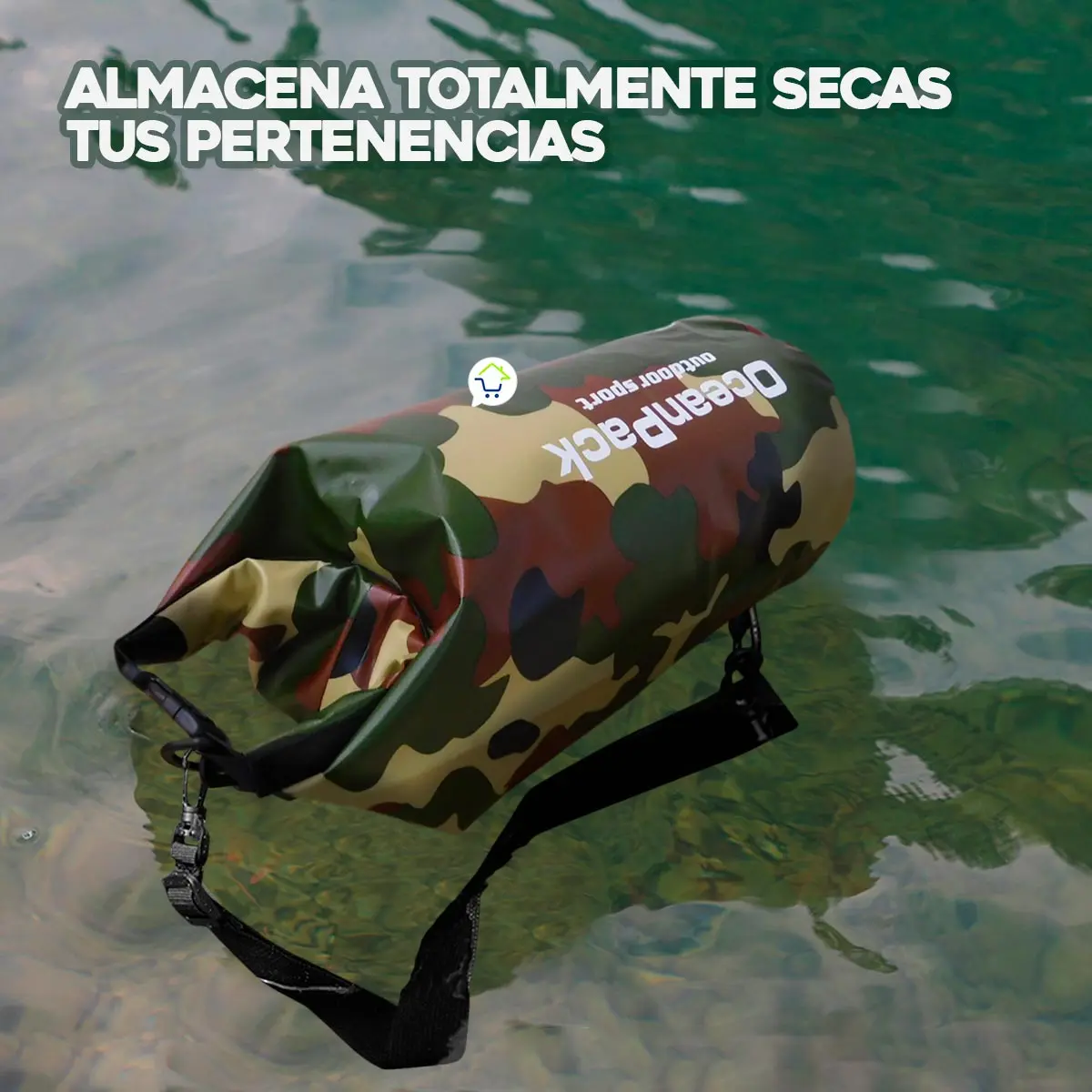 Bolso impermeable 10L Ocean Pack camuflado flotando en agua, ideal para deportes acuáticos y pesca.