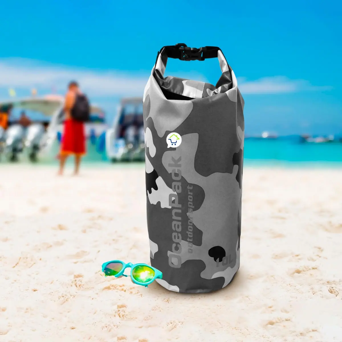 Bolso impermeable 10L Ocean Pack camuflado, ideal para deportes y pesca en la playa.