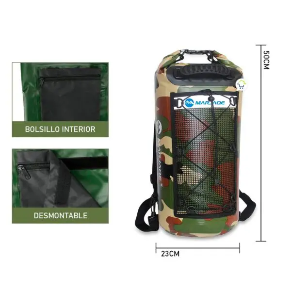 Mochila impermeable 25L Ocean Pack camuflada, ideal para pesca y deportes acuáticos.