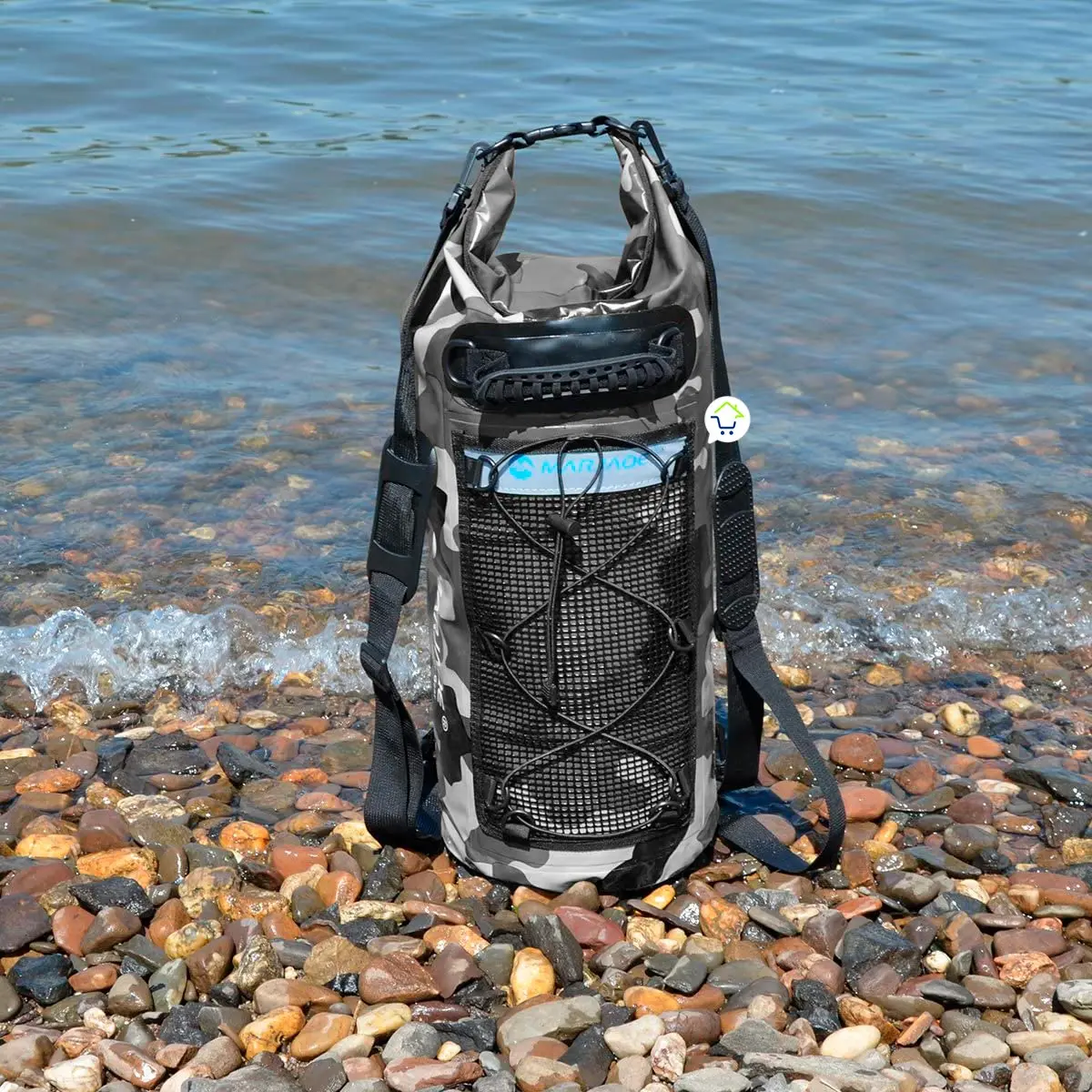 Mochila impermeable Ocean Pack 25L camuflada para deportes y pesca en la playa.