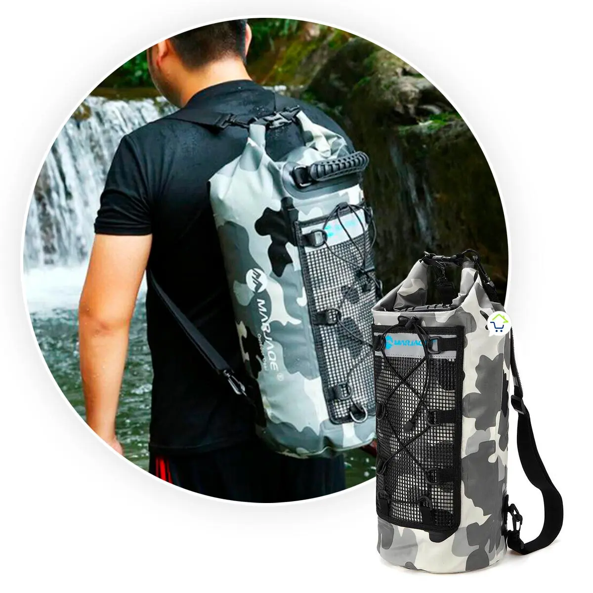 Mochila de pesca impermeable Ocean Pack 25L, diseño camuflado, ideal para deportes acuáticos.