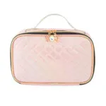 Bolso organizador de maquillaje viajero multiusos rosa acolchado con cremallera y asa.