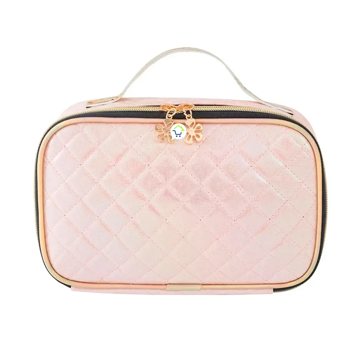 Bolso organizador de maquillaje viajero multiusos rosa acolchado con cremallera y asa.
