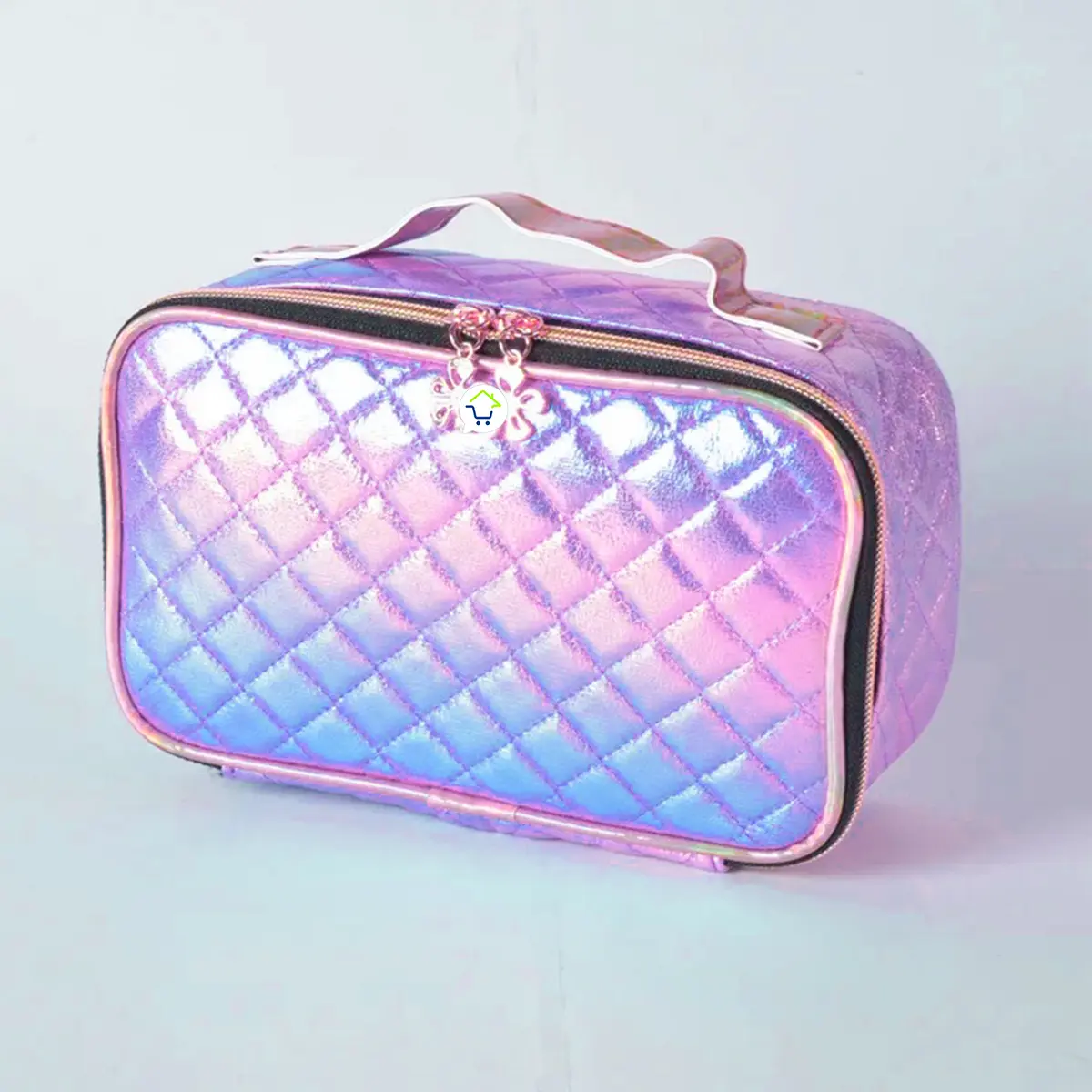 Bolso organizador de maquillaje nececer multiusos viajero holográfico acolchado con asa.