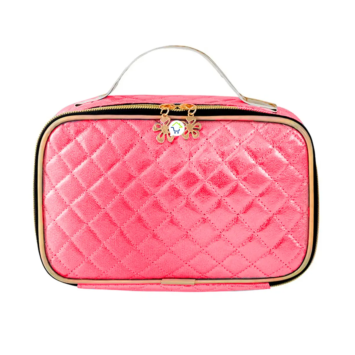 Neceser viajero multiusos rosa acolchado con charm de flor, ideal para organizar maquillaje.