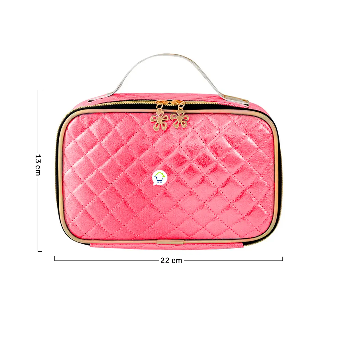Bolso organizador de maquillaje neceser multiusos viajero rosa acolchado con adornos florales.