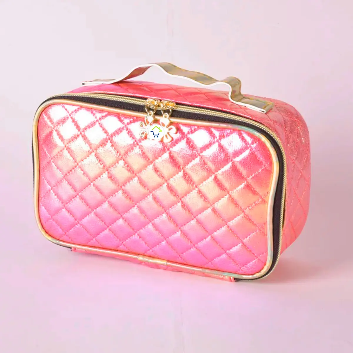 Bolso organizador de maquillaje necer multiusos viajero rosa brillante acolchado con asa dorada.