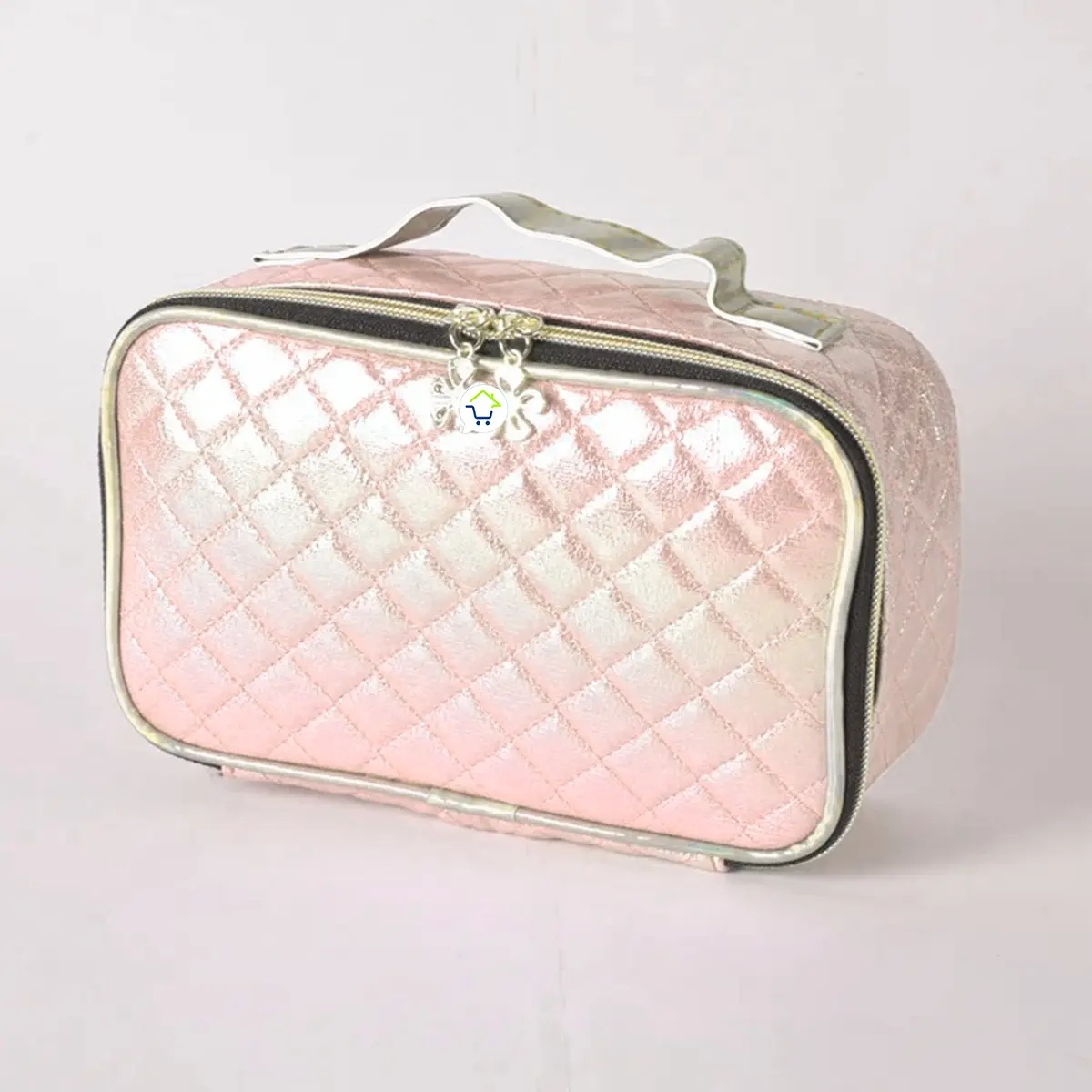 Bolso neceser viajero multiusos de maquillaje, acolchado, color rosa perlado, con asa y cremalleras.