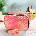 Bolso organizador de maquillaje viajero, neceser multiusos rosa brillante con cremallera dorada.