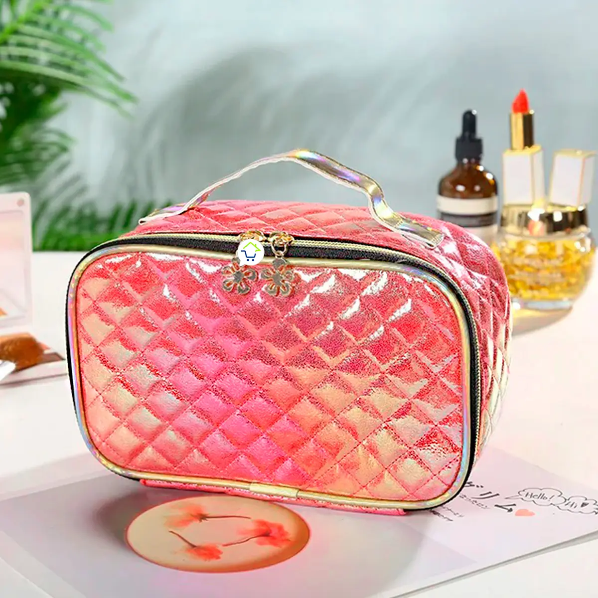 Bolso organizador de maquillaje viajero, neceser multiusos rosa brillante con cremallera dorada.