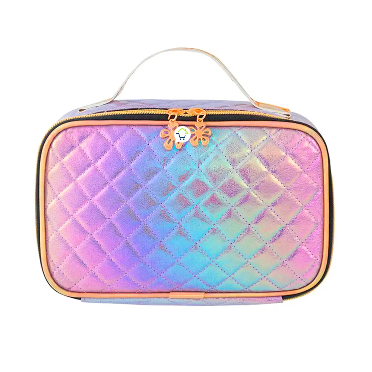 Neceser viajero multiusos para maquillaje, diseño acolchado holográfico con charms.