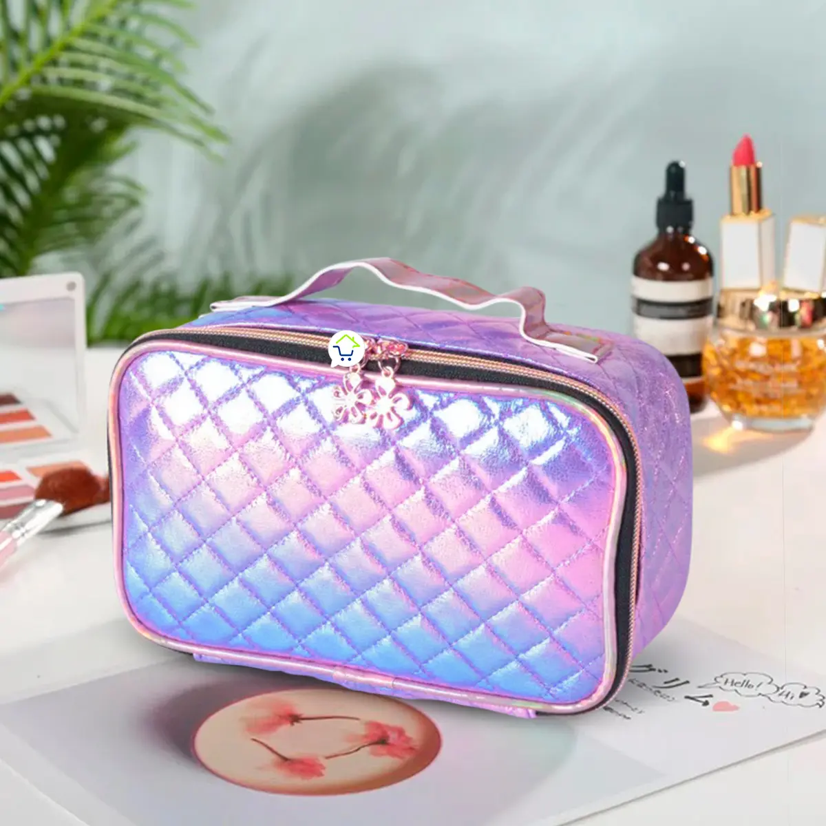 Bolso organizador de maquillaje neceser viajero acolchado, morado y azul iridiscente, con detalles de flor.