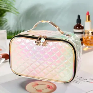 Bolso organizador de maquillaje viajero multiusos, neceser acolchado iridiscente con asa dorada y detalles florales.