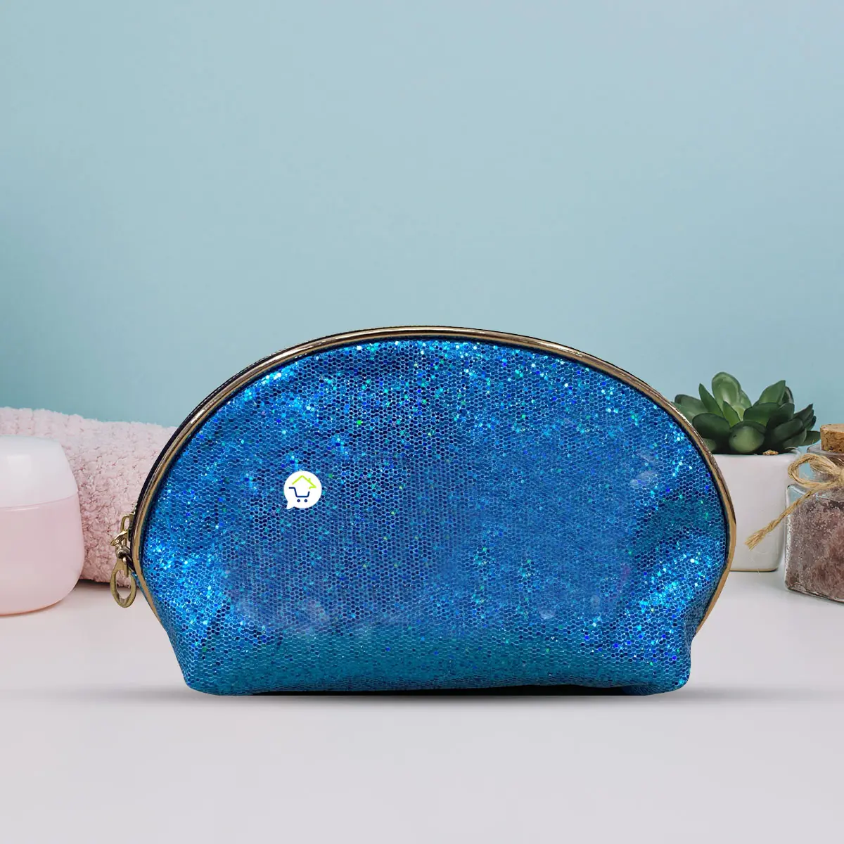 Bolso organizador de maquillaje azul brillante, neceser multiusos viajero.