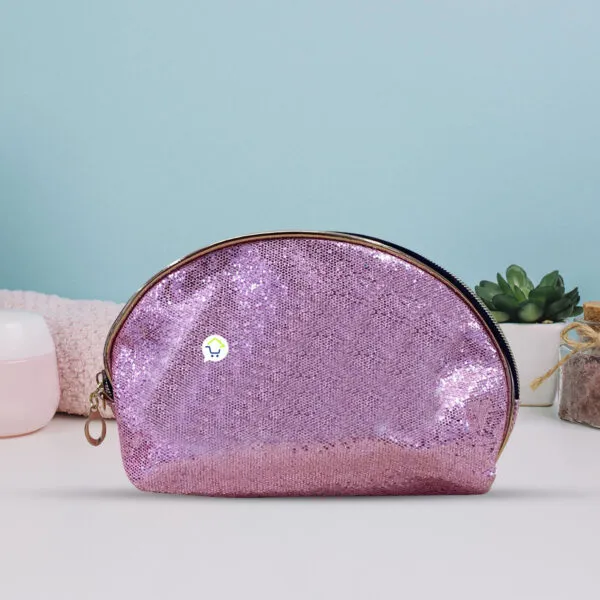 Neceser multiusos viajero de lentejuelas color lavanda, ideal para maquillaje.