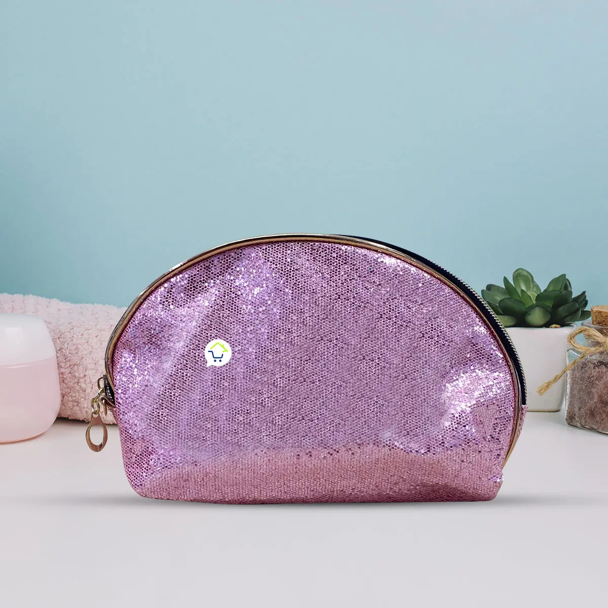 Neceser multiusos viajero de lentejuelas color lavanda, ideal para maquillaje.