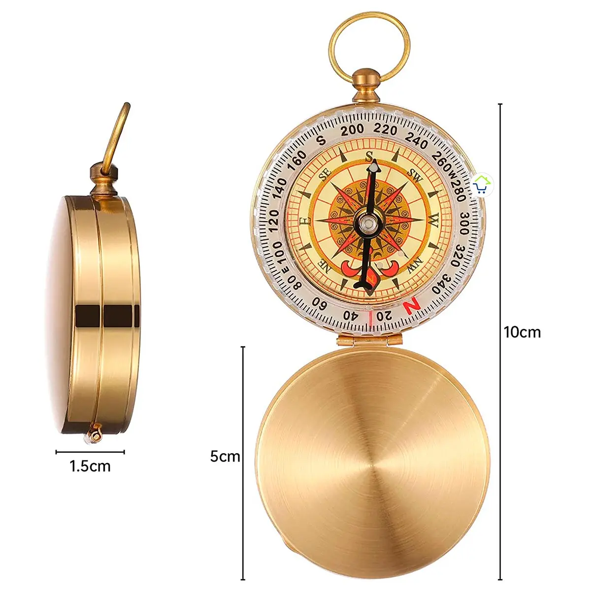 Brújula de bolsillo vintage para campismo, portátil y multifuncional, con diseño dorado.