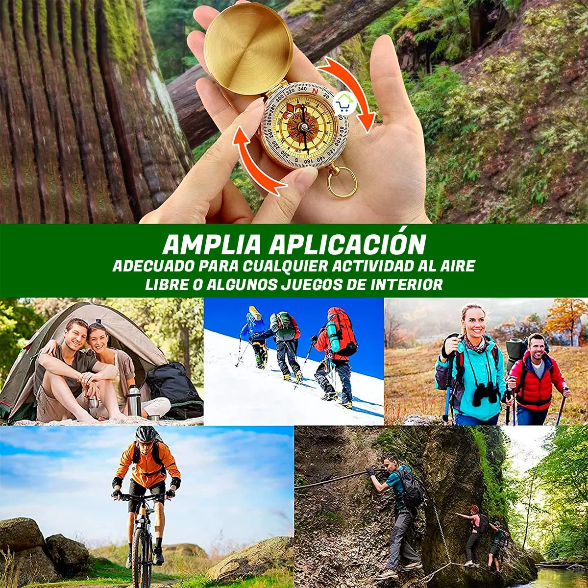 Brújula de bolsillo vintage para campismo y actividades al aire libre, portátil y multifuncional.