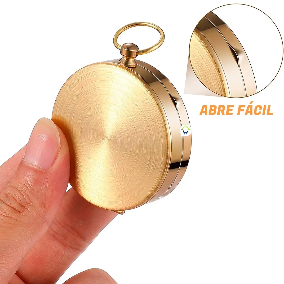 Brújula de bolsillo vintage dorada con aro, ideal para campismo y actividades al aire libre.
