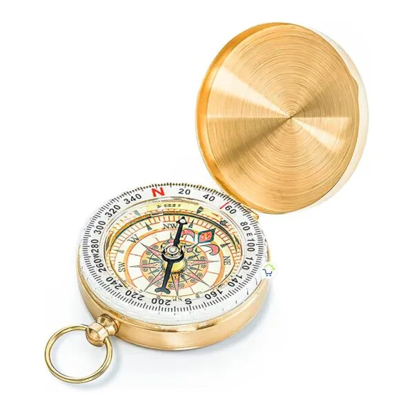 Brújula de bolsillo dorada vintage, ideal para campismo y actividades al aire libre, portátil y multifuncional.
