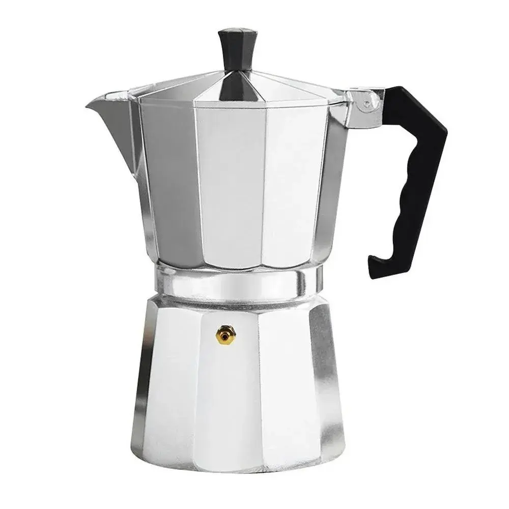 Cafetera italiana de aluminio plateado para 12 tazas de expreso con mango negro.