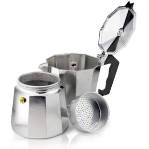 Cafetera italiana de aluminio para 12 tazas, lista para preparar café expreso.