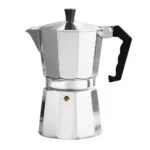 Cafetera italiana de aluminio para 6 tazas de expreso, plateada, con mango negro y tapa negra.